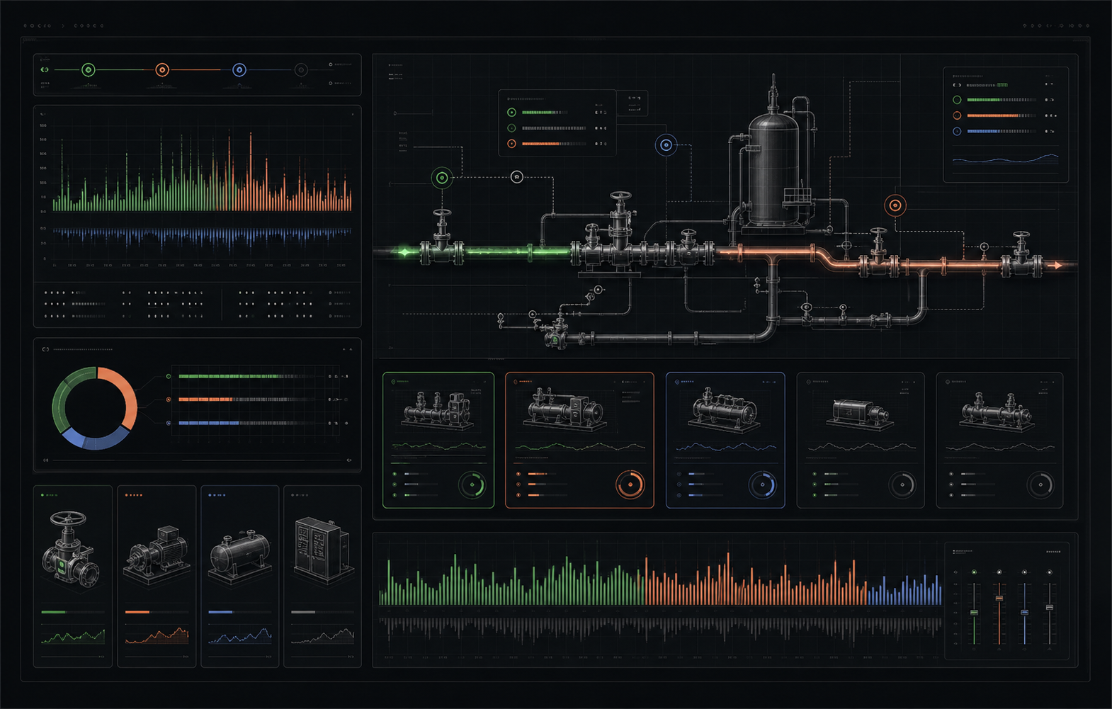 Dark industrial dashboard visual with pipeline schematics, project metrics and audio spectrum interface